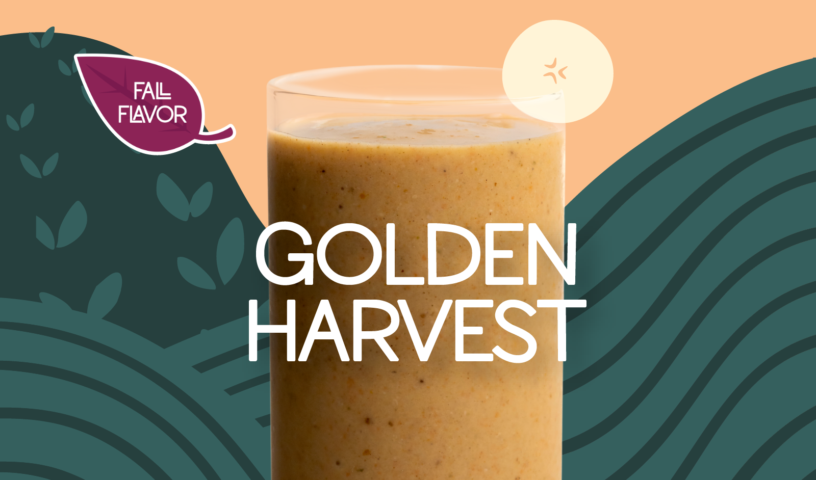 Blended Golden Harvest smoothie in glass, golden orange color with banana design - Frozen Garden healthy fruit and veggie smoothie.