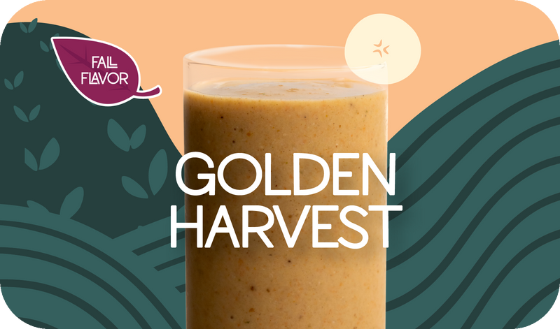 Blended Golden Harvest smoothie in glass, golden orange color with banana design - Frozen Garden healthy fruit and veggie smoothie.