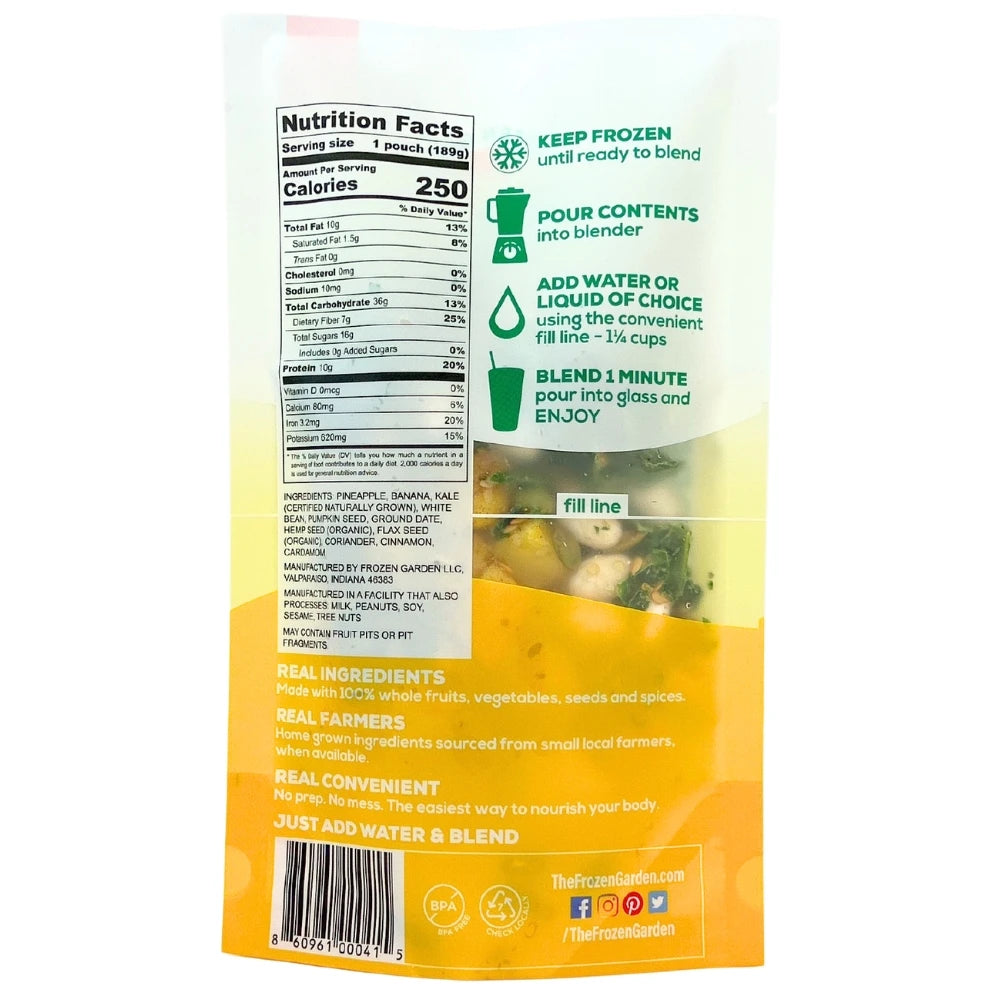 Green Protein Smoothie Pack Back - Protein Veggie Shake - Post Workout Smoothie - Frozen Garden