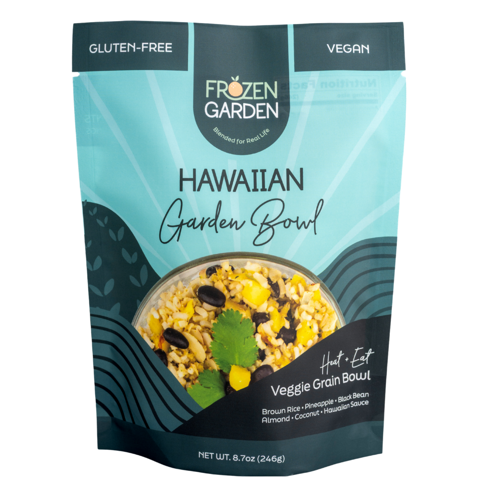 Hawaiian Garden Bowl pouch on white background with pineapple, black bean and coconut - Frozen Garden plant-based meal.