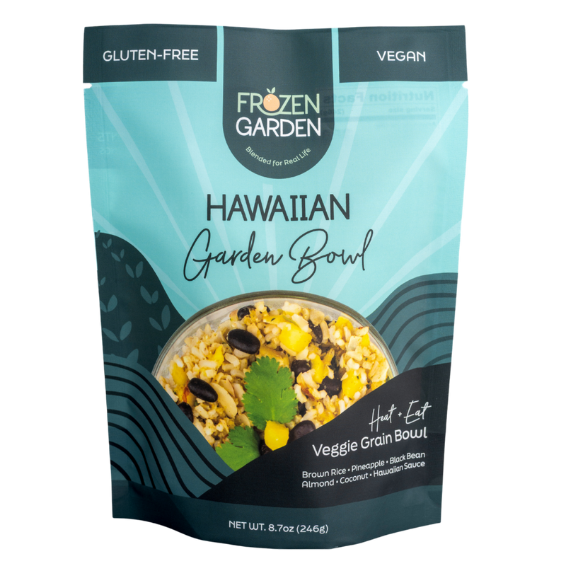 Hawaiian Garden Bowl pouch on white background with pineapple, black bean and coconut - Frozen Garden plant-based meal.
