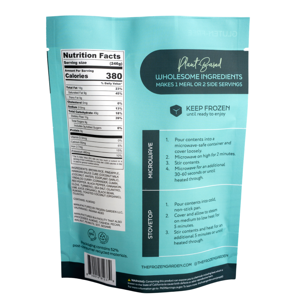 Hawaiian Garden Bowl pouch back on white background with pineapple, black bean and coconut - Frozen Garden plant-based meal.