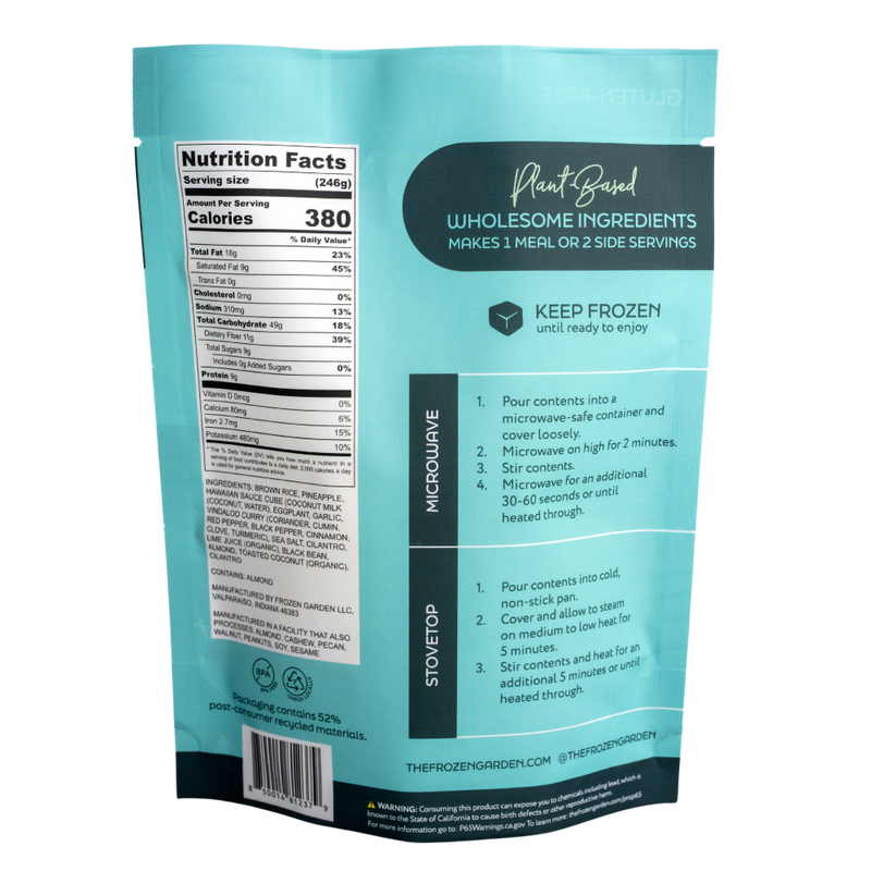 Hawaiian Garden Bowl pouch back on white background with pineapple, black bean and coconut - Frozen Garden plant-based meal.