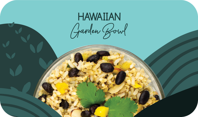 Hawaiian Garden Bowl served in bowl with pineapple, black bean, rice and almond - Frozen Garden healthy plant-based meal.
