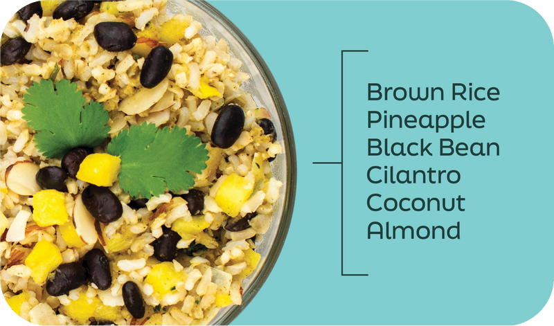 Hawaiian Garden Bowl ingredients labeled in layers: pineapple, cilantro, coconut, almond, and rice - Frozen Garden.