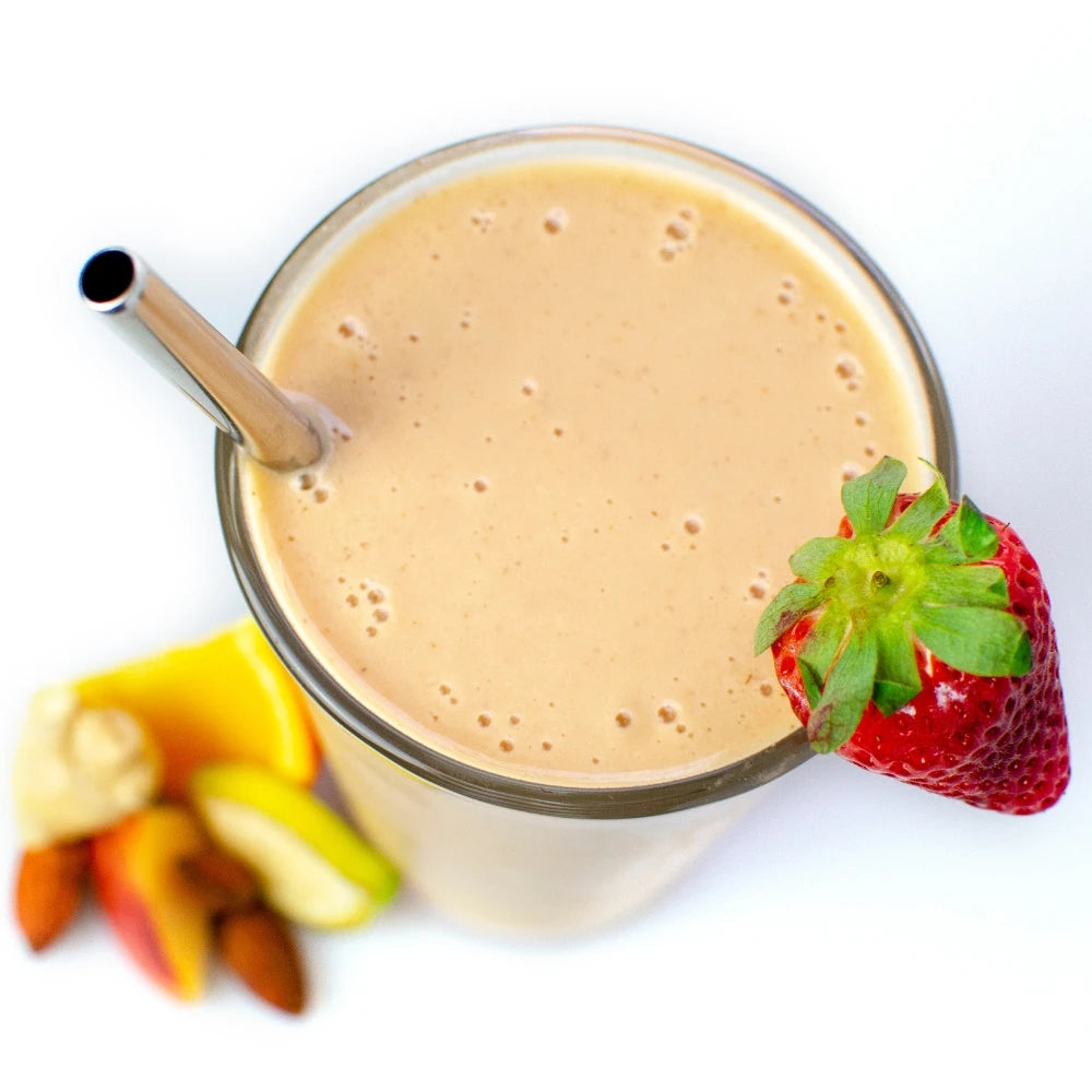 Just Peachy Fruit Smoothie Lifestyle - Peach Smoothie - Strawberry Peach Smoothie - Frozen Garden