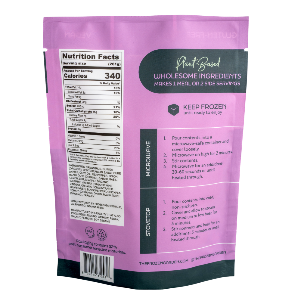 Mediterranean Garden Bowl pouch back on white background with chickpeas, tomato and olives - Frozen Garden plant-based meal.