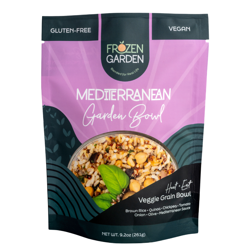 Mediterranean Garden Bowl pouch on white background with chickpeas, tomato and olives - Frozen Garden plant-based meal.