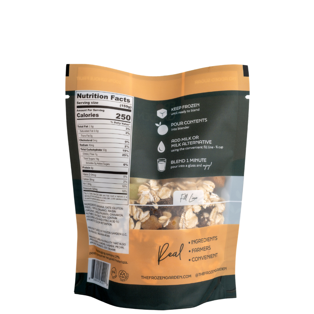 Oatmeal Cookie Delite pouch with oats, banana and cinnamon back - Frozen Garden ready to enjoy plant-based dessert.