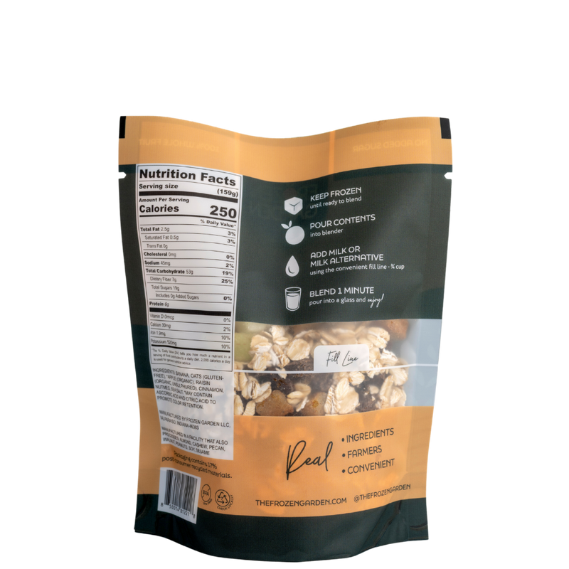 Oatmeal Cookie Delite pouch with oats, banana and cinnamon back - Frozen Garden ready to enjoy plant-based dessert.