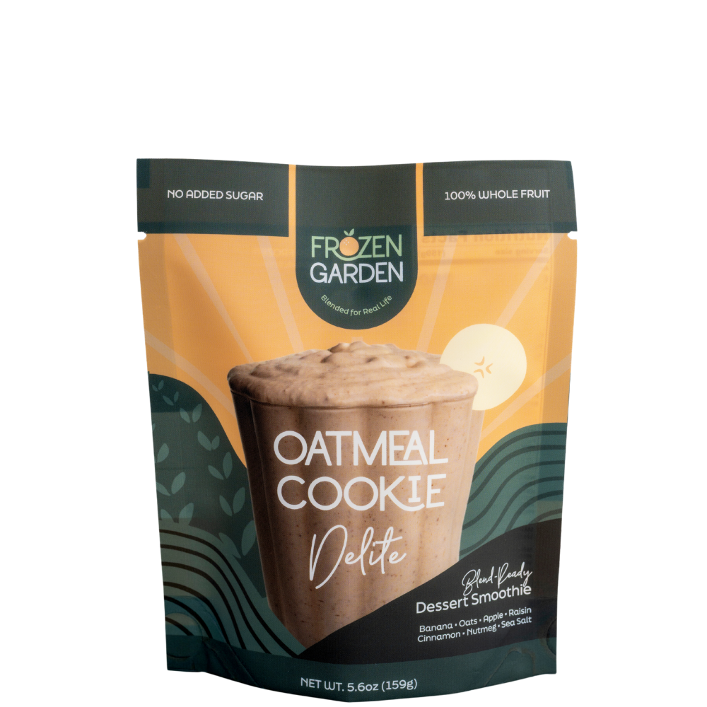 Oatmeal Cookie Delite pouch with oats, banana and cinnamon - Frozen Garden ready to enjoy plant-based dessert.