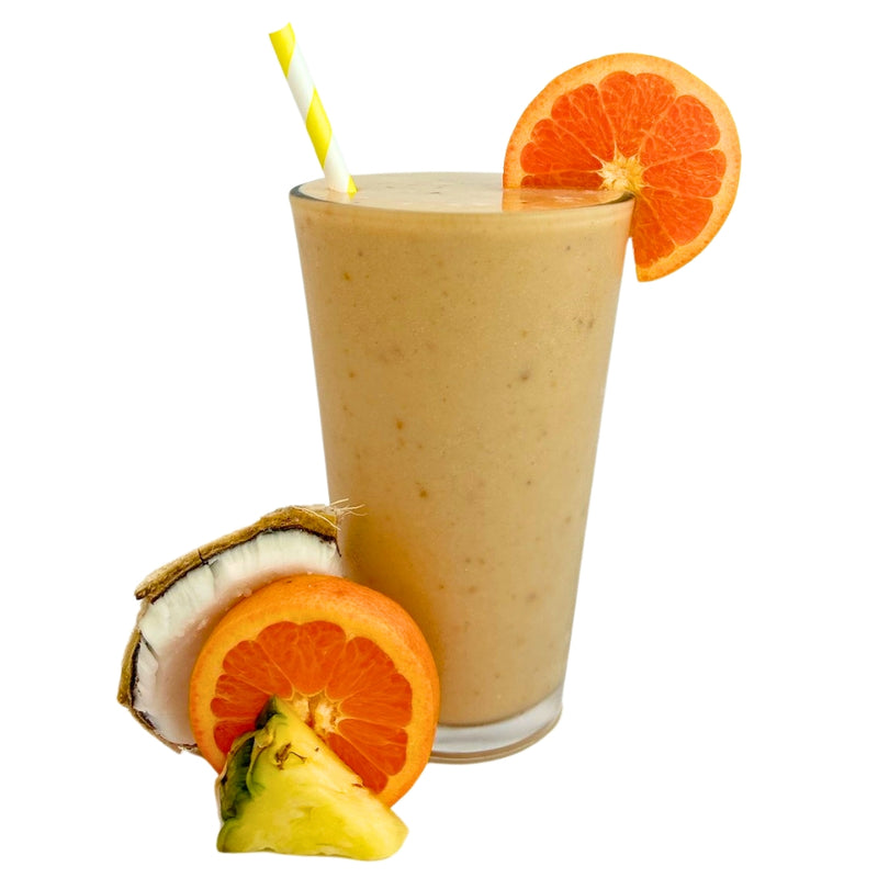 Orange Colada pina colada smoothie blended in glass - Frozen Garden.