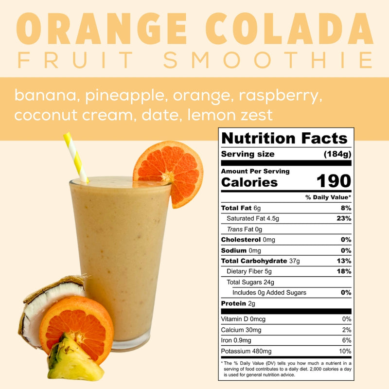 Orange Colada pina colada smoothie ingredients and nutrition information: pineapple, banana, orange, raspberry, coconut and lemon - Frozen Garden.