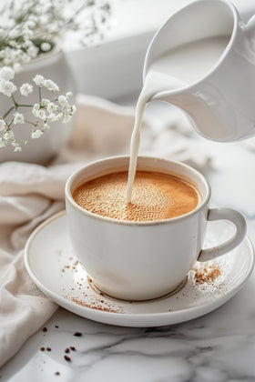 White pitcher pouring creamer into a white mug of coffee on a marble surface with flowers in the background.