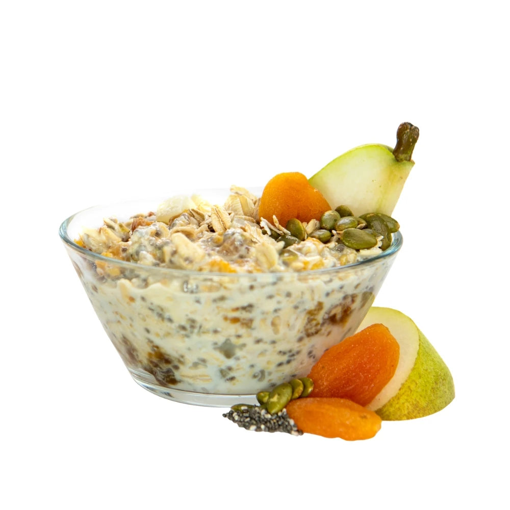 Pear Apricot Overnight Oats Prepared - Pear Overnight Oats - Overnight Oats With Chia Seeds - Frozen Garden