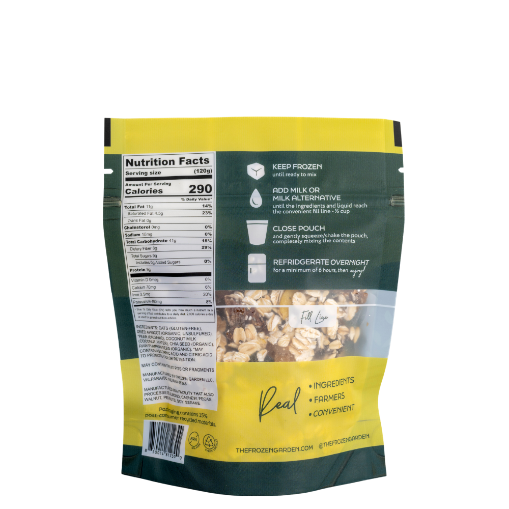 Pear Apricot Overnight Oats pouch back on white background with pear, apricot and oats - Frozen Garden plant-based breakfast.