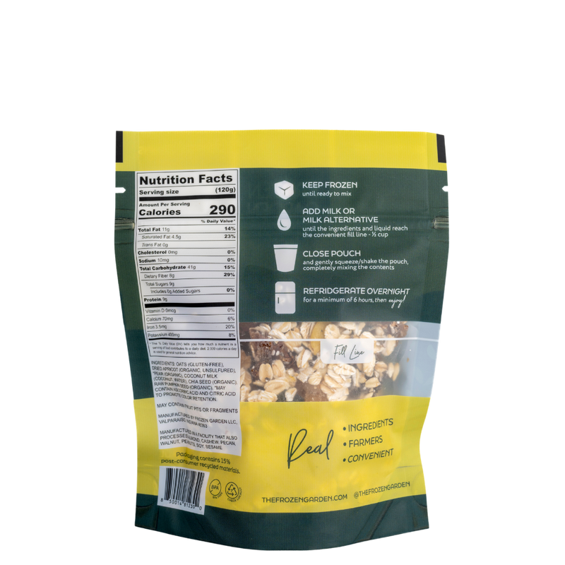 Pear Apricot Overnight Oats pouch back on white background with pear, apricot and oats - Frozen Garden plant-based breakfast.