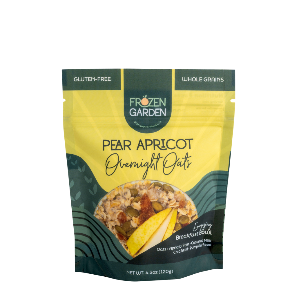 Pear Apricot Overnight Oats pouch on white background with pear, apricot and oats - Frozen Garden plant-based breakfast.