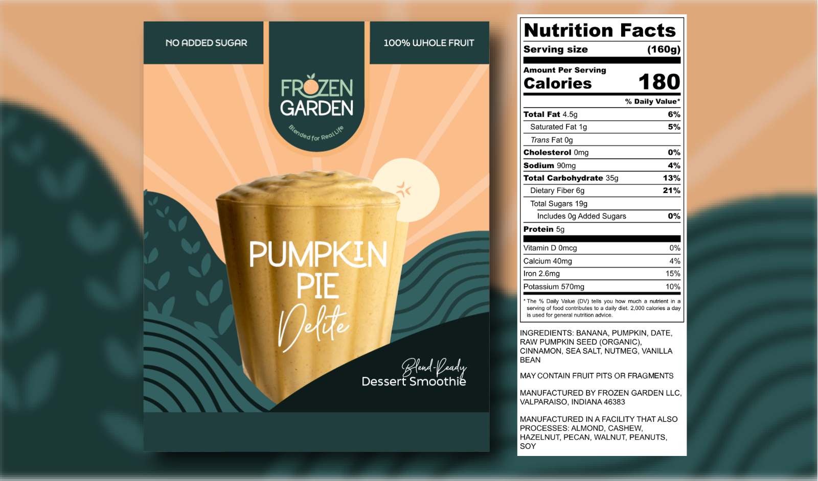Pumpkin Pie Delite front pouch and detailed nutrition facts label side by side - Frozen Garden plant-based dessert.