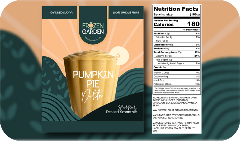 Pumpkin Pie Delite front pouch and detailed nutrition facts label side by side - Frozen Garden plant-based dessert.