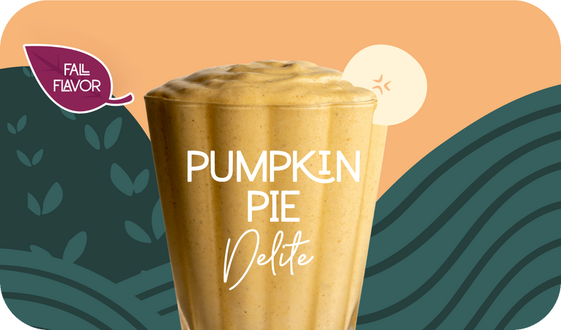 A frothy pumpkin pie shake or smoothie in a tall fluted glass, centered on a stylized peach and teal graphic background with the text 'PUMPKIN PIE Delite' and a 'FALL FLAVOR' badge.