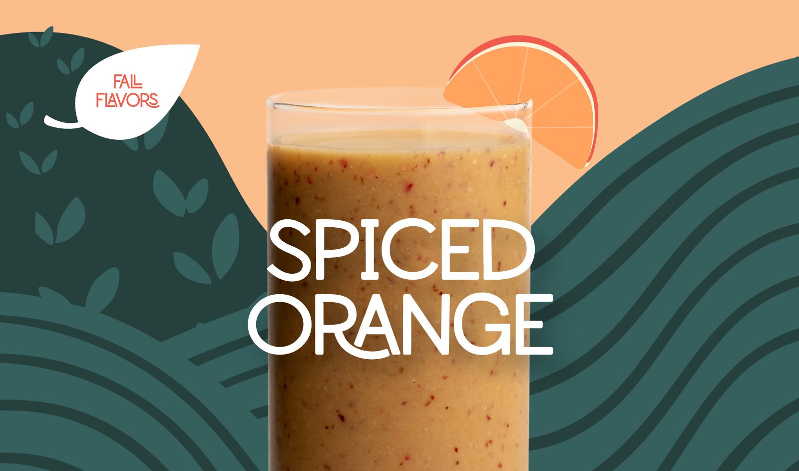 Blended Spiced Orange smoothie in glass, bright orange color with citrus design - Frozen Garden healthy pumpkin smoothie.