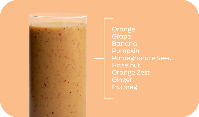 Spiced Orange smoothie ingredients labeled in layers: orange, pumpkin, banana and ginger - Frozen Garden.