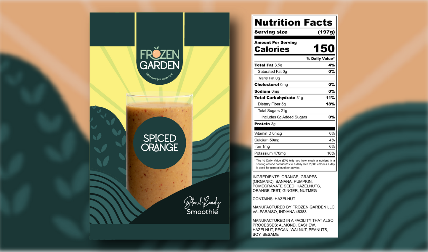 Spiced Orange smoothie front pouch and detailed nutrition facts label side by side - Frozen Garden healthy pumpkin smoothie.