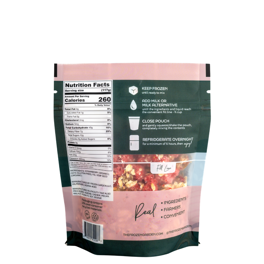 Strawberry Fig Overnight Oats pouch back on white background with strawberries, figs and oats - Frozen Garden plant-based breakfast.