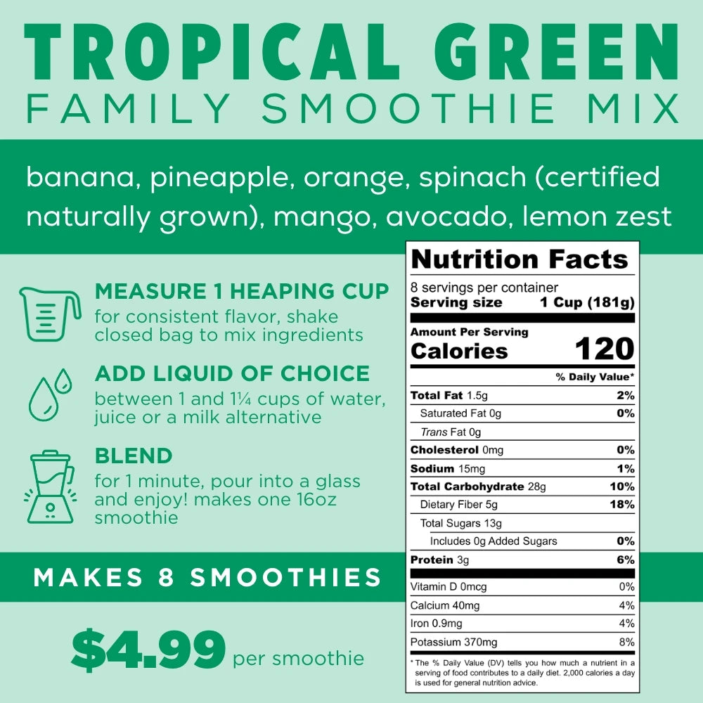 Tropical Green Family Smoothie Mix Info - Tropical Green Smoothie - Tropical Smoothie - Frozen Garden