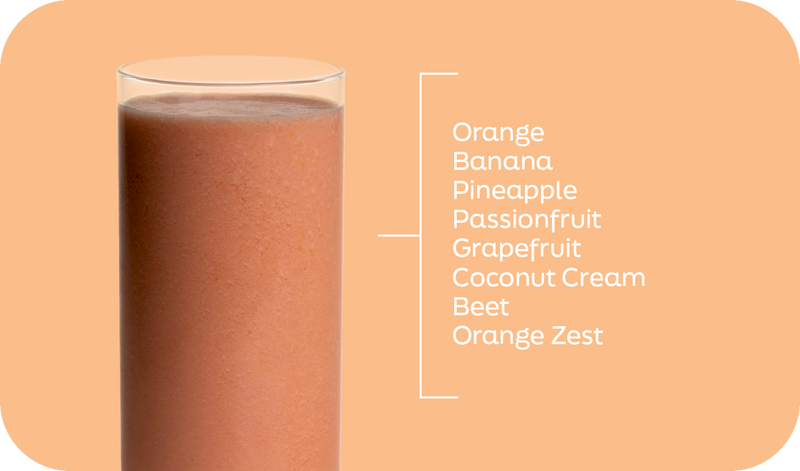 Winter Citrus grapefruit smoothie ingredients labeled in layers: orange, banana, pineapple, passionfruit, grapefruit and beet - Frozen Garden.