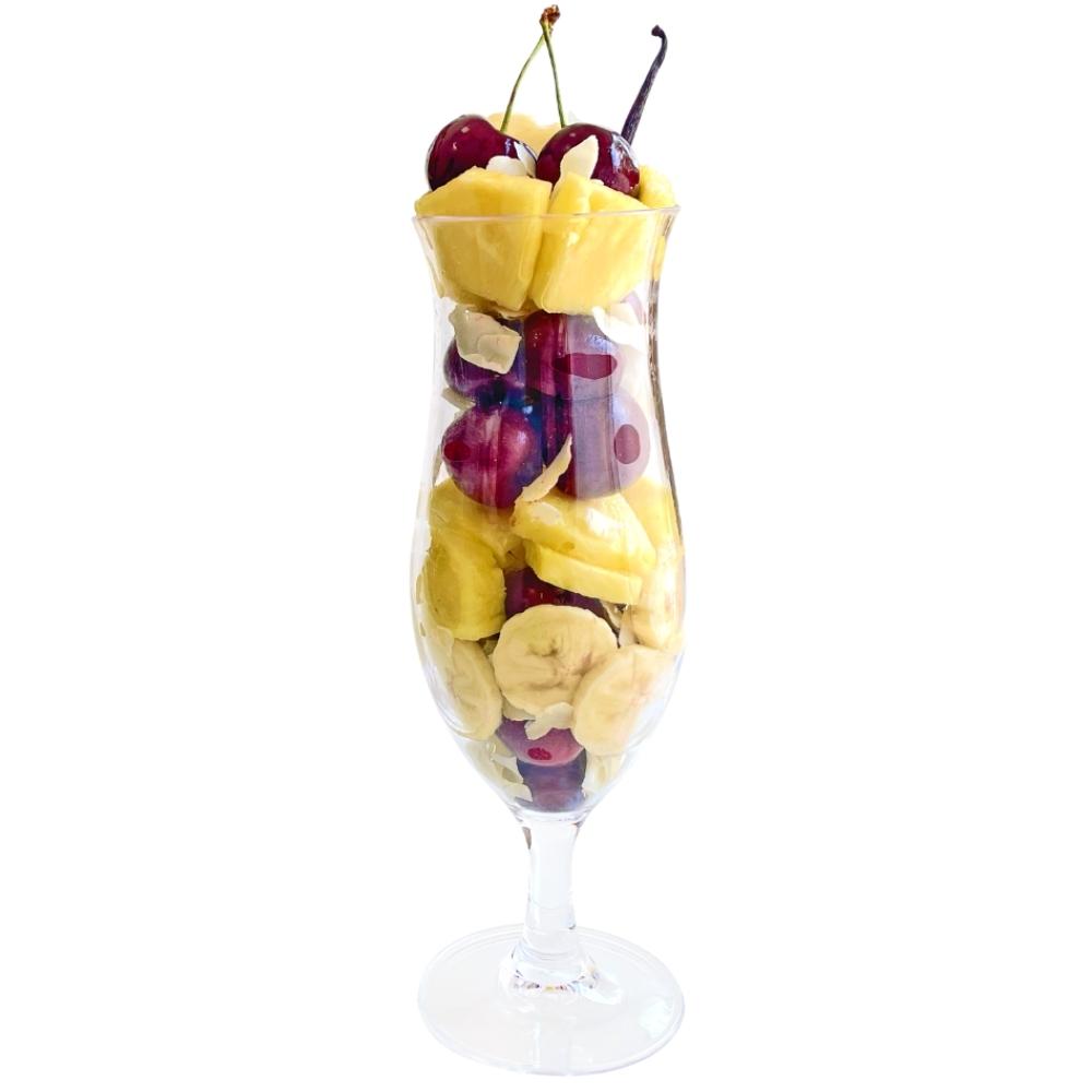 Frozen Garden Banana Split Delite healthy milkshake ingredients layered in milkshake glass