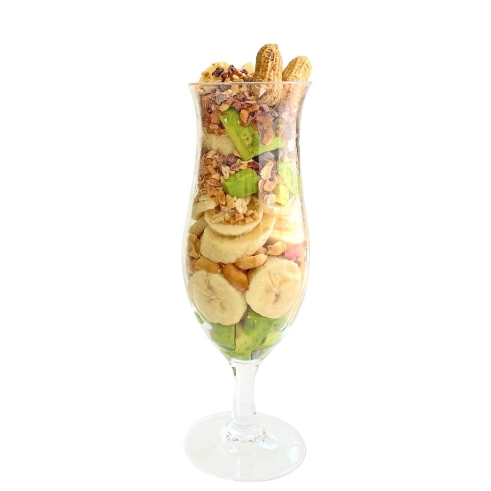 Frozen Garden Chocolate Peanut Butter Delite healthy milkshake ingredients layered in milkshake glass