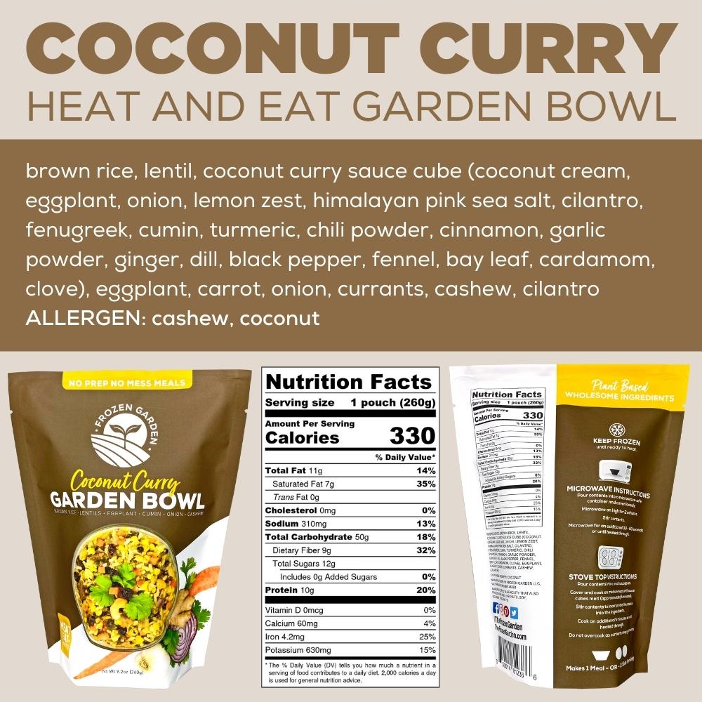 Coconut Curry heat and eat garden bowl ingredients listed with nutrition facts