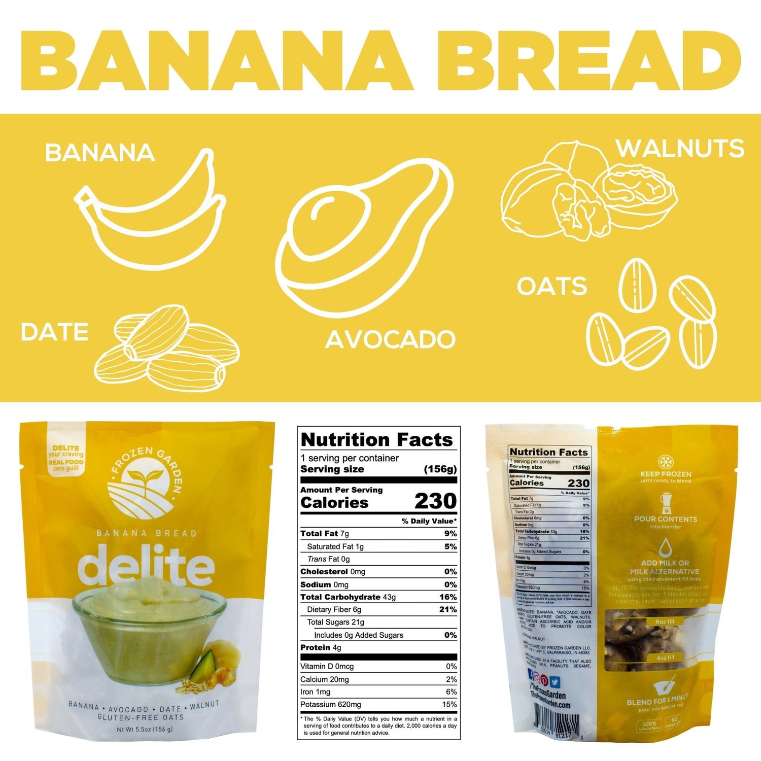 Banana Bread Delite ingredients. doodle drawings of bananas, oats, walnuts, dates, and avocado. With nutrition facts 230 calories 7 grams total fat 1 gram saturated fat 0 grams trans fat 0 milligrams cholesterol 0 milligrams sodium 43 grams total carbohydrates 6 grams dietary fiber 21 grams total sugars includes 0 grams added sugars 4 grams protein 0 micrograms Vitamin D 20 milligrams Calcium 1 milligram Iron 620 milligrams potassium