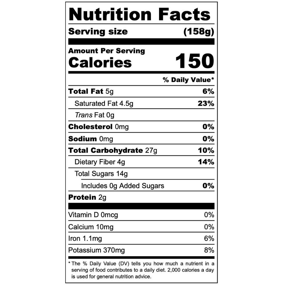 Banana Split Delite nutrition facts 150 calories 5 grams total fat 4.5 grams saturated fat 0 grams trans fat 0 milligrams cholesterol 0 milligrams sodium 27 grams total carbohydrates 4 grams dietary fiber 14 grams total sugars includes 0 grams added sugars 2 grams protein 0 micrograms Vitamin D 10 milligrams Calcium 1.1 milligrams iron 370 milligrams potassium