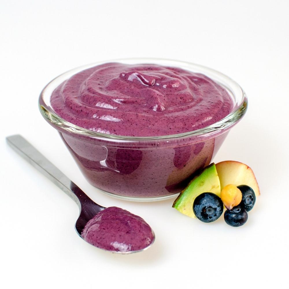 Blueberry Muffin Delite prepared in a clear bowl with spoon