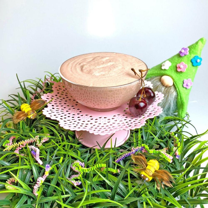 Cherry Cheesecake Delite lifestyle shot, cheesecake smoothie in a glass bowl on a spring setting - Frozen Garden.