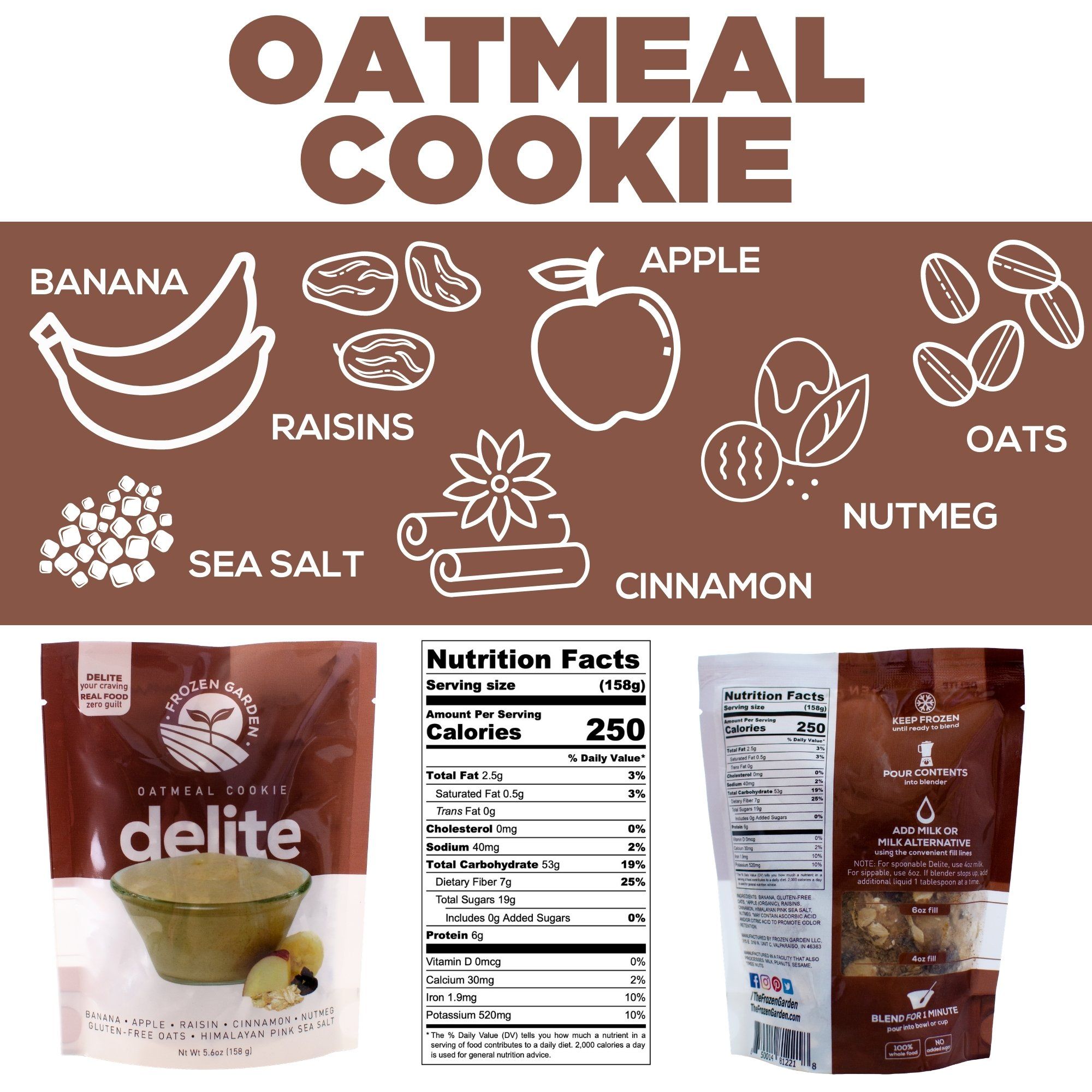 Oatmeal Cookie ingredients. doodle drawings of banana, raisins, sea salt, apple, cinnamon, nutmeg, oats. With nutrition facts. 250 calories, 2.5 saturated fat, 0.5 grams saturated fat, 0 grams trans fat, 0 milligrams cholesterol, 40 milligrams sodium, 53 grams total carbohydrates, 7 grams dietary fiber, 19 grams sugars, includes 0 grams added sugars, 6 grams protein. 0 micrograms vitamin d, 30 milligrams calcium, 1.9 milligrams iron, 520 milligrams potassium.