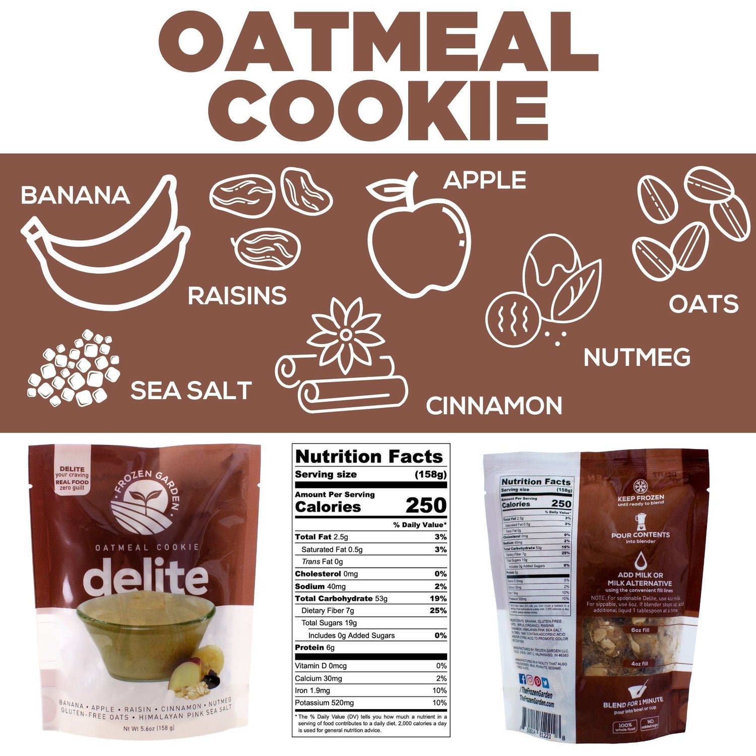 Oatmeal Cookie ingredients. doodle drawings of banana, raisins, sea salt, apple, cinnamon, nutmeg, oats. With nutrition facts. 250 calories, 2.5 saturated fat, 0.5 grams saturated fat, 0 grams trans fat, 0 milligrams cholesterol, 40 milligrams sodium, 53 grams total carbohydrates, 7 grams dietary fiber, 19 grams sugars, includes 0 grams added sugars, 6 grams protein. 0 micrograms vitamin d, 30 milligrams calcium, 1.9 milligrams iron, 520 milligrams potassium.  