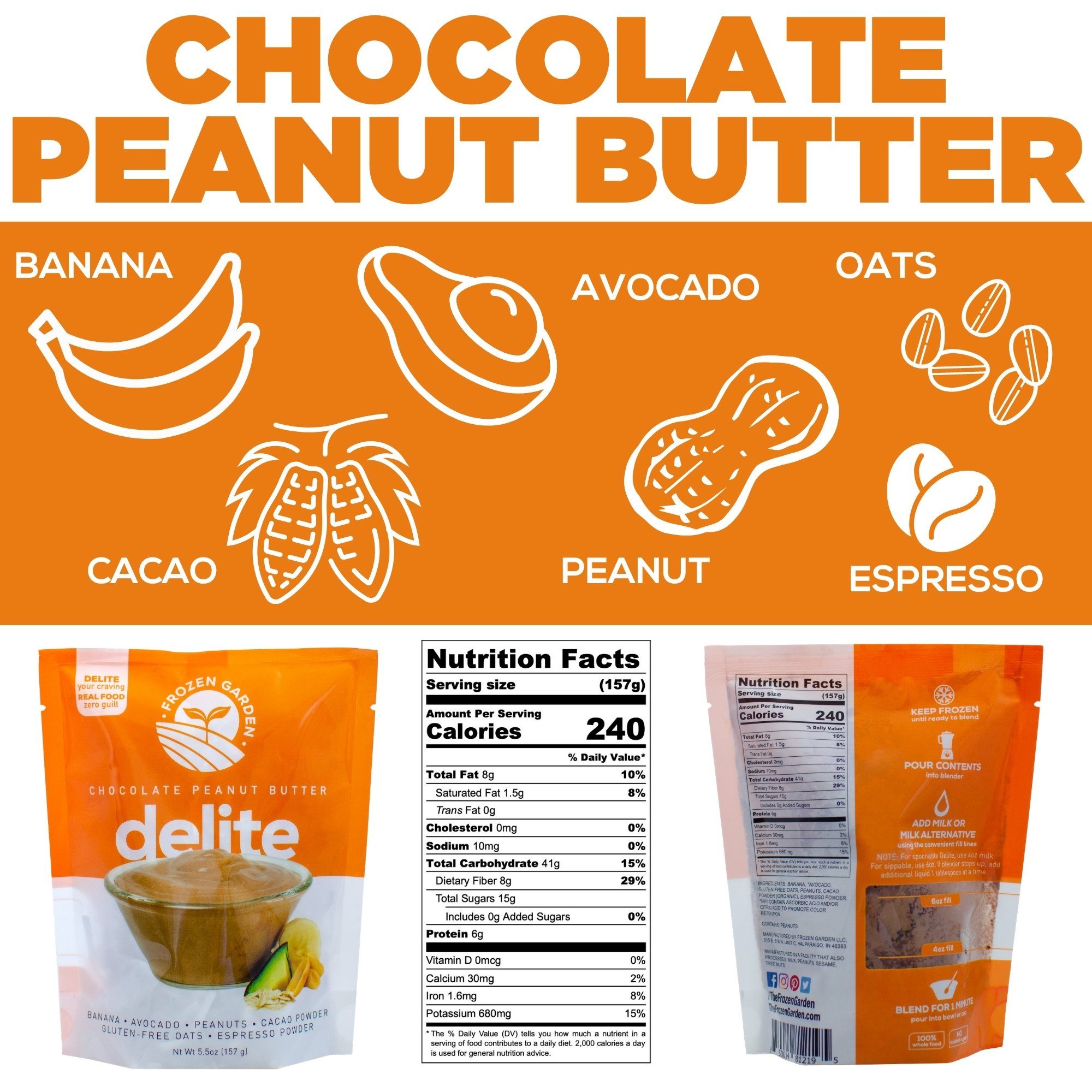 Chocolate Peanut Butter Delite ingredients. doodle drawings of banana, avocado, oats, cacao, peanut, espresso. With Nutrition facts. 240 calories. 8 grams total fat, 1.5 grams saturated fat, 0 grams trans fat, 0 milligrams cholesterol, 10 milligrams cholesterol, 10 milligrams sodium, 41 grams total carbohydrate, 8 grams dietary fiber, 15 grams total sugars, includes 0 grams added sugars, 6 grams protein. 0 micrograms vitamin d, 30 milligrams calcium, 1.6 milligrams iron, 680 milligrams potassium.