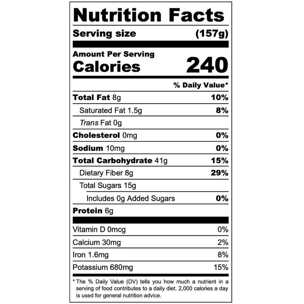 Chocolate Peanut Butter Delite nutrition facts. 240 calories. 8 grams total fat, 1.5 grams saturated fat, 0 grams trans fat, 0 milligrams cholesterol, 10 milligrams sodium, 41 grams total carbohydrate, 8 grams dietary fiber, 15 grams total sugars, includes 0 grams added sugars, 6 grams protein. 0 micrograms vitamin d, 30 milligrams calcium, 1.6 milligrams iron, 680 milligrams potassium.