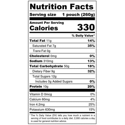 Coconut Curry Garden Bowl nutrition facts. 330 calories. 11 grams total fat, 7 grams saturated fat, 0 grams trans fat, 0 milligrams cholesterol, 310milligrams sodium, 50 grams carbohydrates, 9 grams dietary fiber, 12 grams sugars, includes 0 grams added sugars, 10 grams protein. 0 micrograms vitamin d, 60 milligrams calcium, 4.2 milligrams iron, 630 milligrams potassium. 